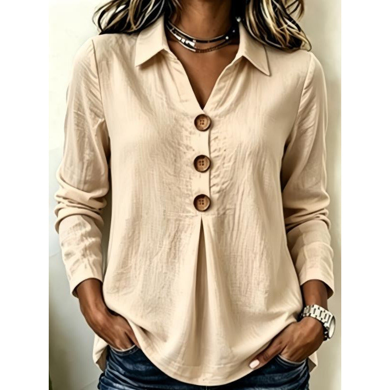 Damen Langarm-Bluse mit Holzknopfleiste und Vorderfalte Drune