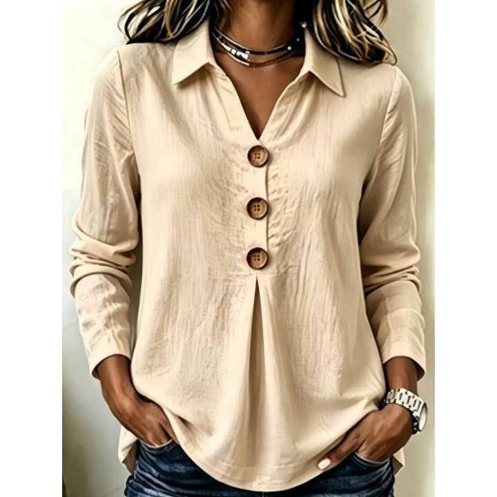 Damen Langarm-Bluse mit Holzknopfleiste und Vorderfalte Drune