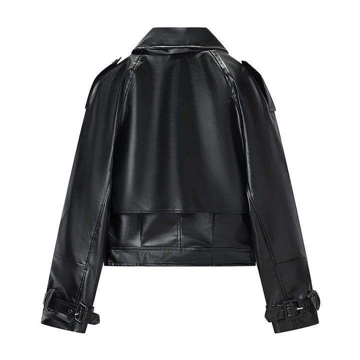 Damen nan kurzer taillierter Bikerblouson aus veganem Lederimitat mit Schalkragen, Taillengürtel und verstellbaren Manschetten Drune