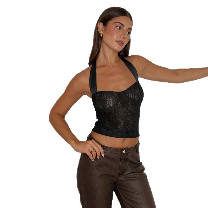 Damen Spitzen-Crop-Top mit schimmernden Trägern Drune