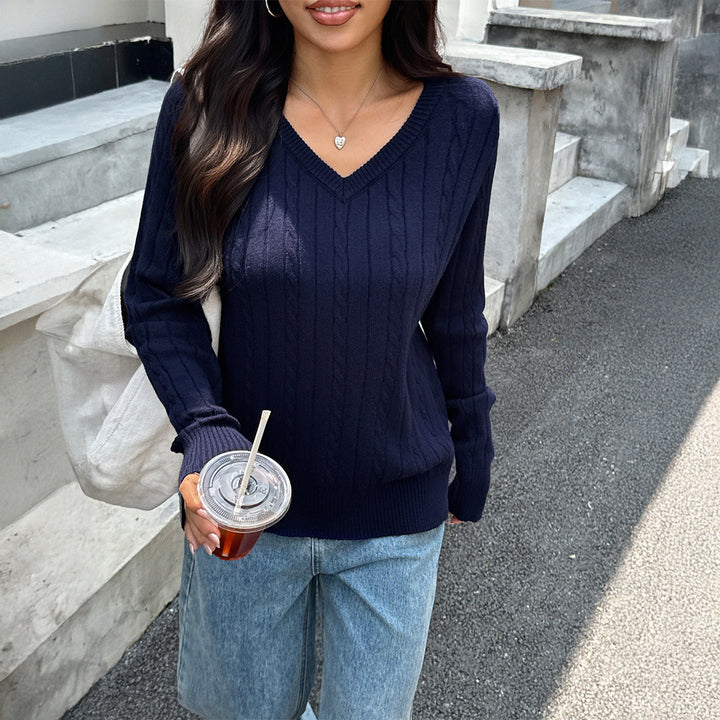 Damen Strickpullover mit V-Ausschnitt und feinem Zopfmuster Drune