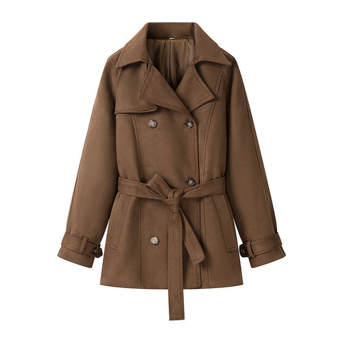 Damen Kurz-Trenchcoat in Wolloptik Doppelreiher mit Taillengürtel Drune