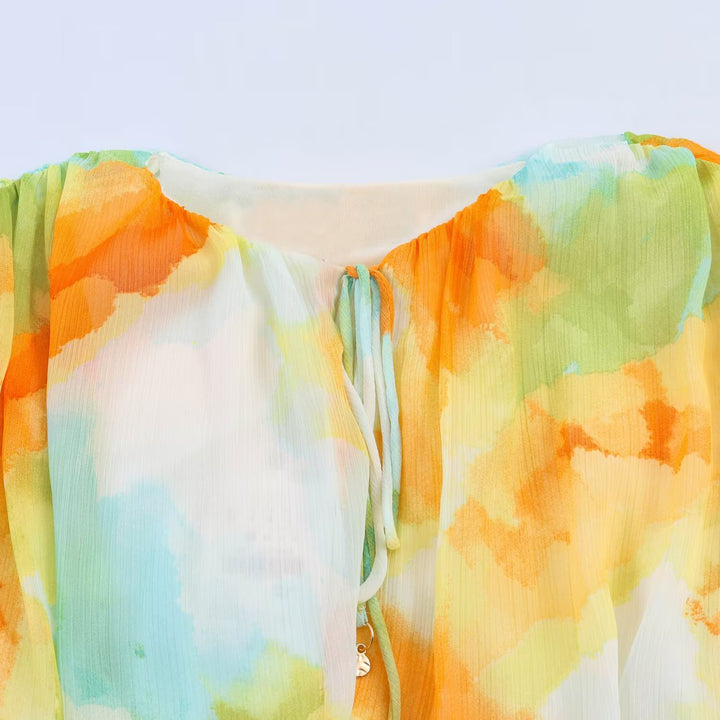 Damen Kurz geschnittene Plissee-Chiffonbluse mit Tunnelzug und weiten Ballonärmeln Drune