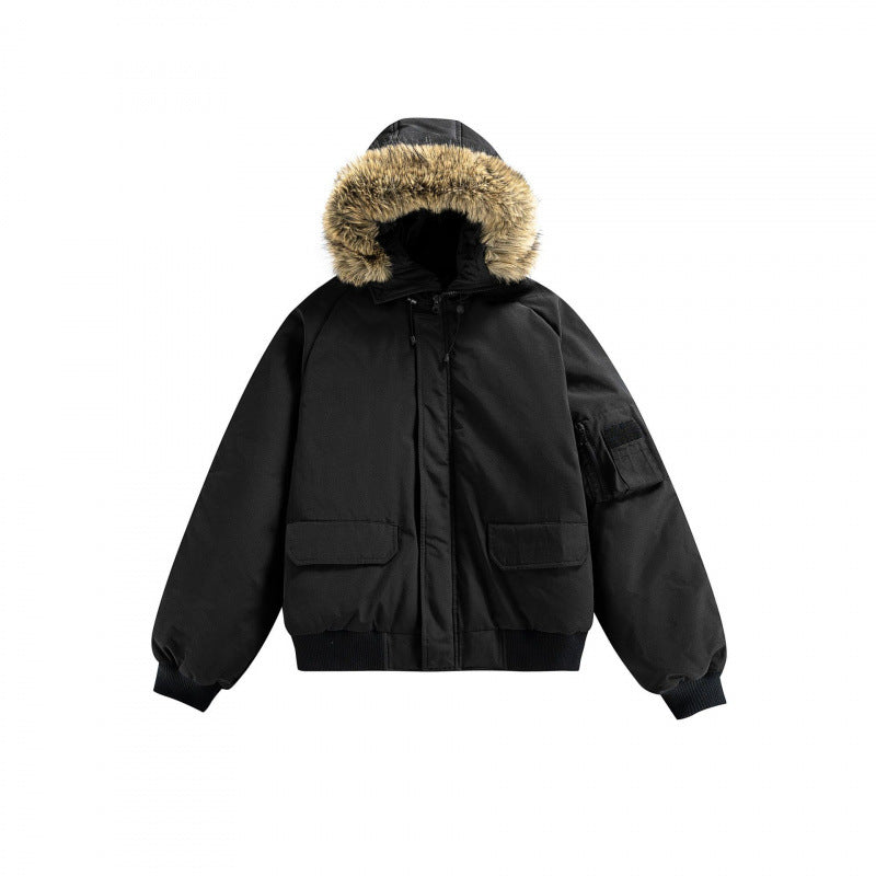 Unisex Wattierte Bomberjacke mit Kunstfellkapuze, geripptem Saum und Utility-Taschen Drune