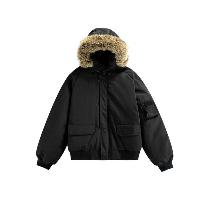 Unisex Wattierte Bomberjacke mit Kunstfellkapuze, geripptem Saum und Utility-Taschen Drune