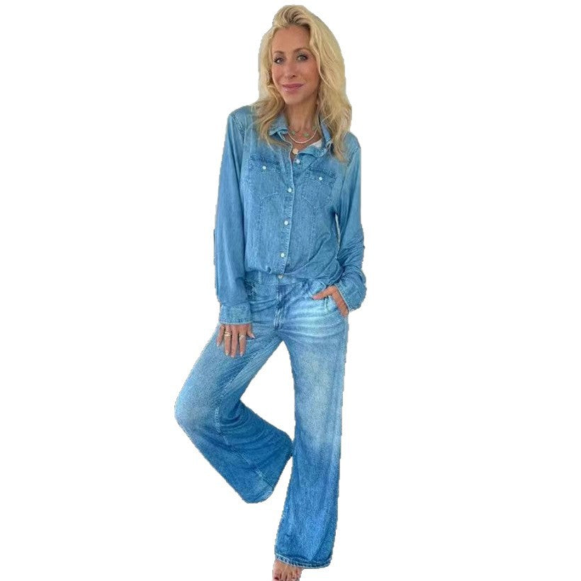 Damen Entspanntes Denim Loungewear-Set mit Übergröße Hemd und Weiten Schlaghosen Drune