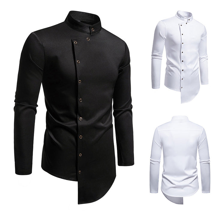 Herren modern geschnittenes Langarmhemd mit asymmetrischer Knopfleiste und Stehkragen Drune