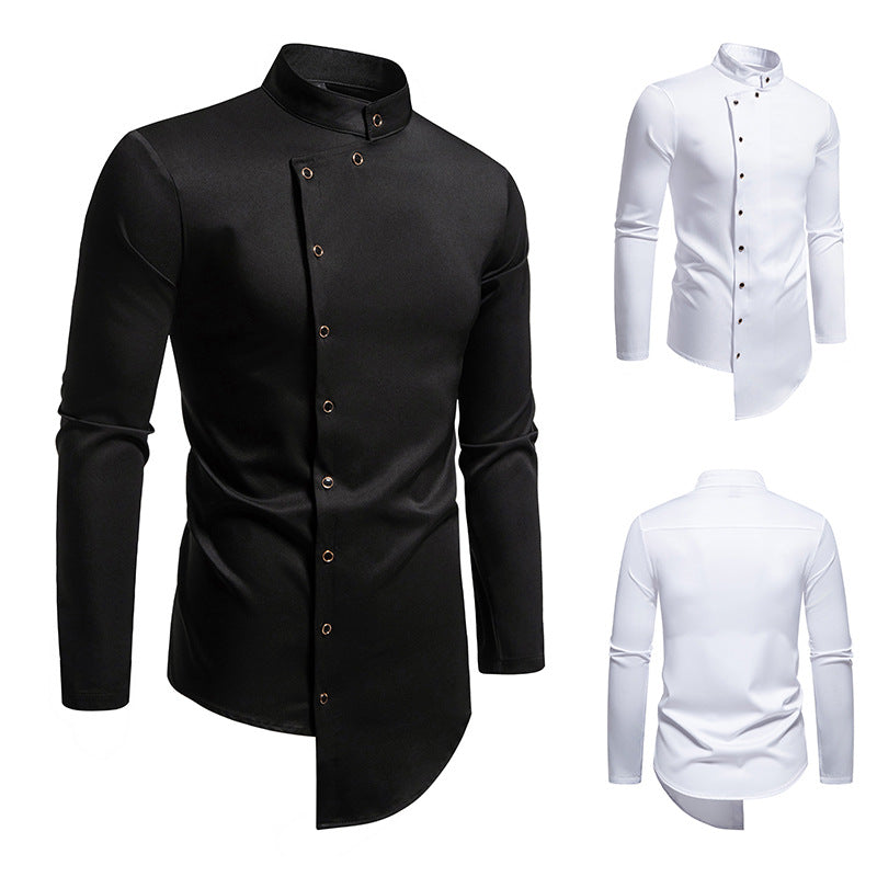 Herren modern geschnittenes Langarmhemd mit asymmetrischer Knopfleiste und Stehkragen Drune