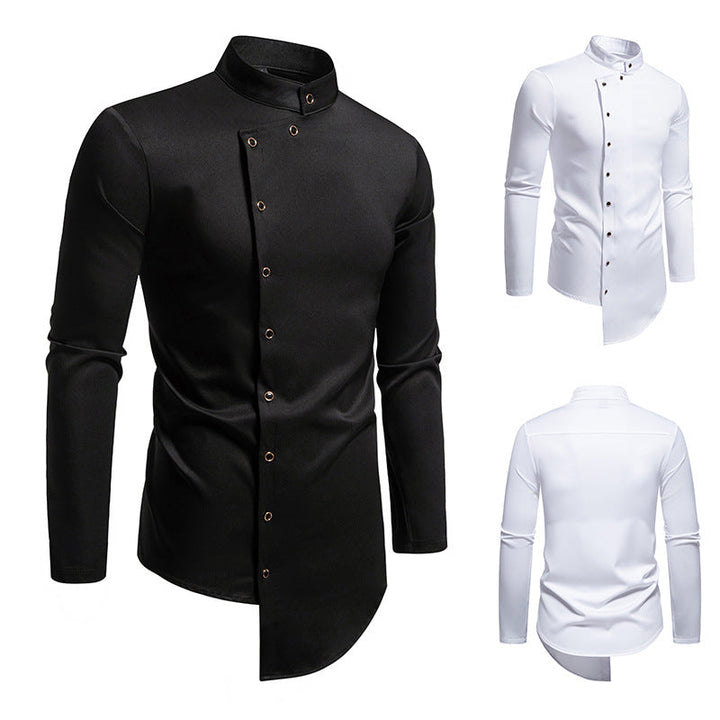 Herren modern geschnittenes Langarmhemd mit asymmetrischer Knopfleiste und Stehkragen Drune
