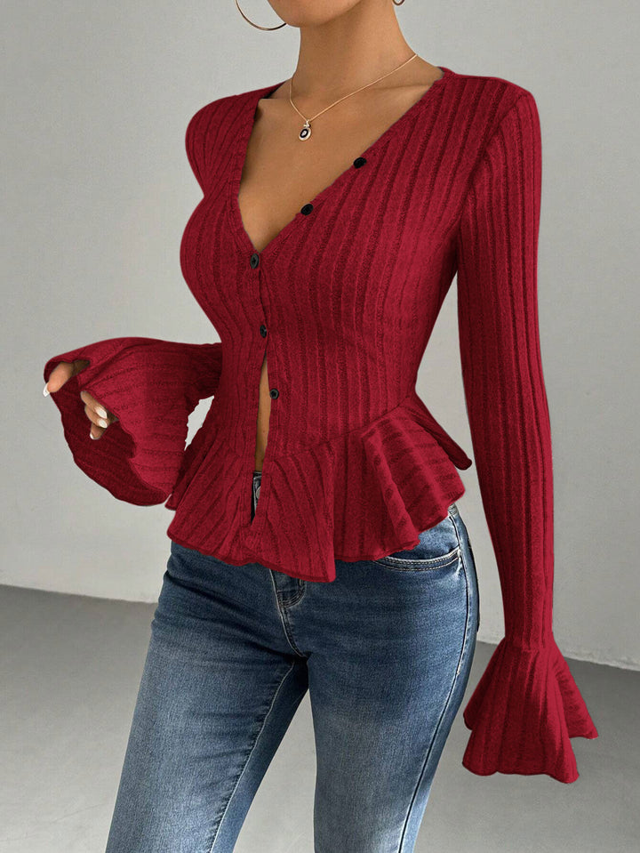Damen Strickoberteil mit raffiniertem Kellerfalten-Design und Knopfleiste Drune