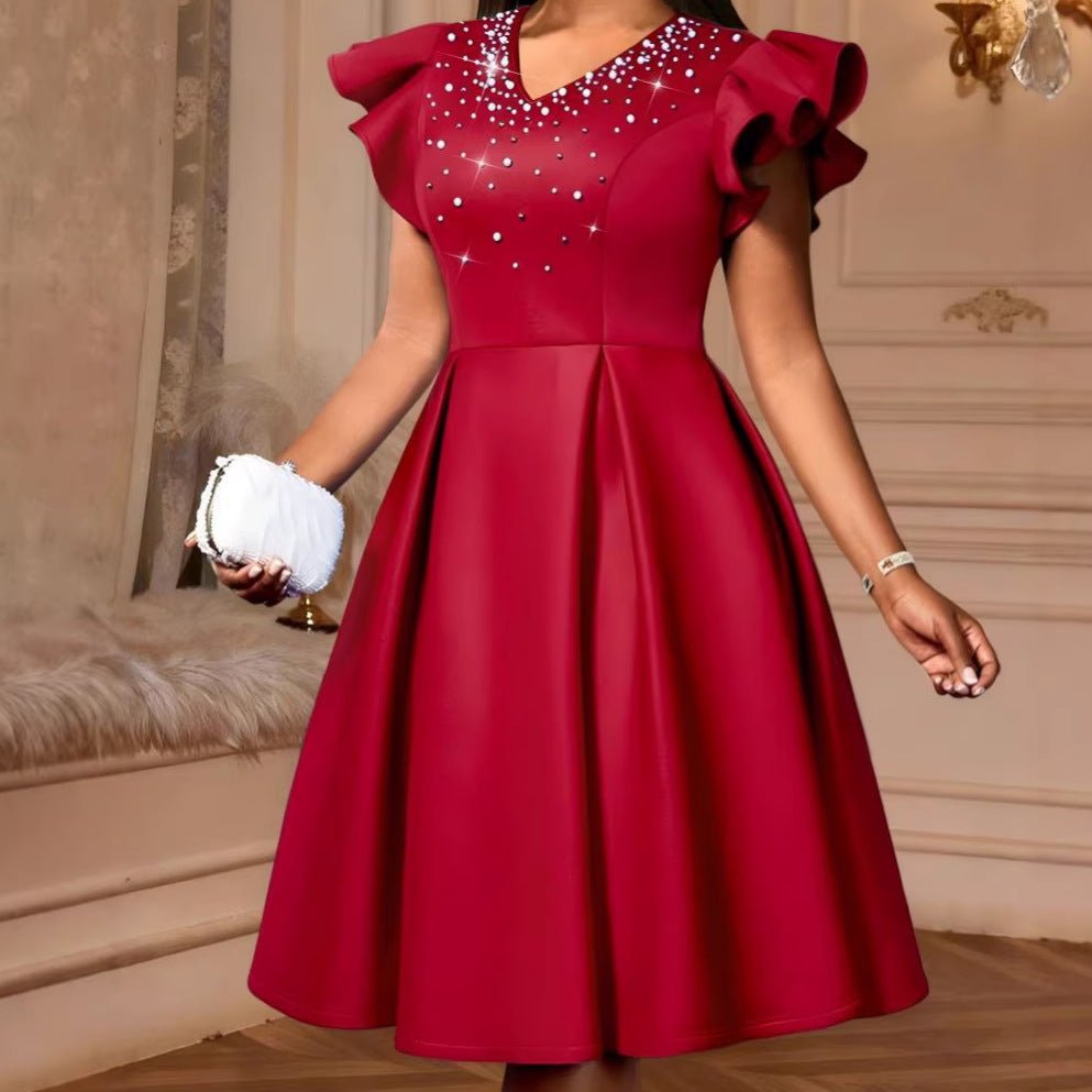 Damen A-Linien Kleid mit glitzernden Perlen und voluminösen Ärmeln Drune