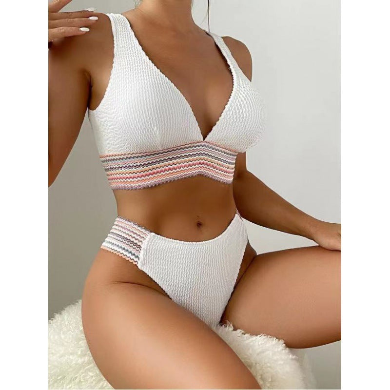 Damen Wellenmuster Bikini-Set mit tiefem V-Ausschnitt Drune