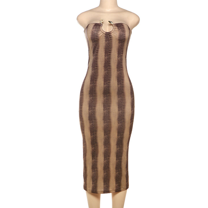 Damen Midikleid mit raffiniertem Schlangenprint und schulterfreiem Design Drune