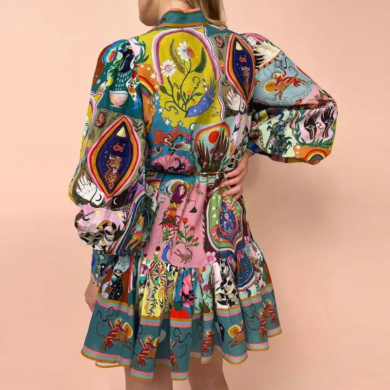 Damen Verspieltes Midikleid mit buntem Tier- und Blumenmuster und weiten Ärmeln Drune