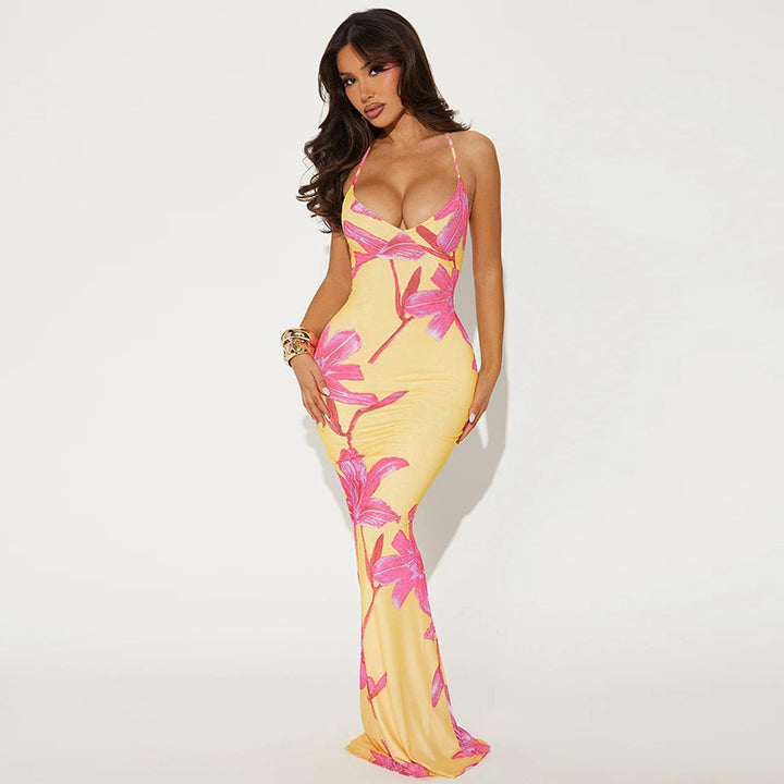 Damen Maxikleid mit Blumenmuster und schmalen Spaghettiträgern Drune