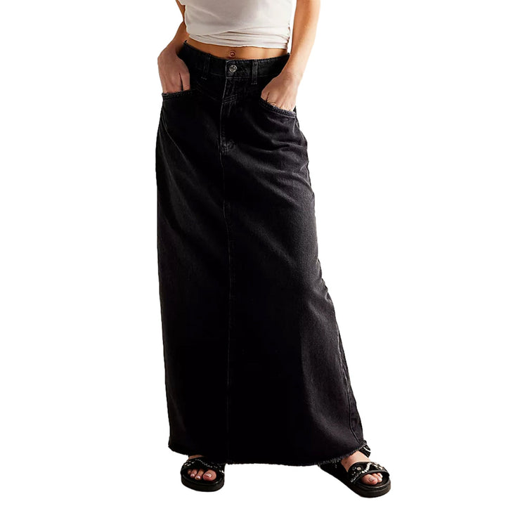 Damen Langer Denim-Rock mit hoher Taille und Taschen