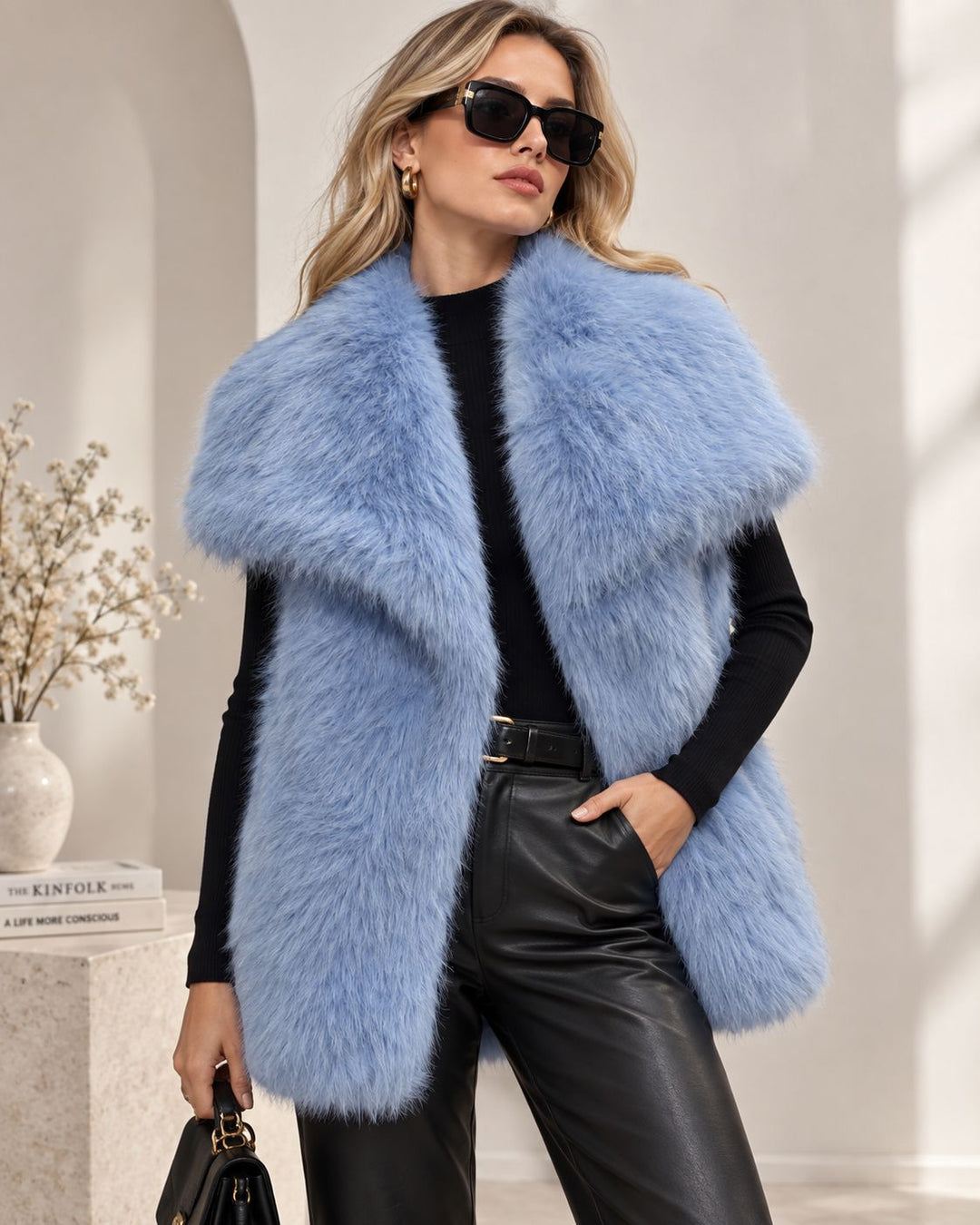 Damen Ärmellose Hochflor‑Kunstfellweste mit voluminösem Schalkragen und Eingrifftaschen Drune