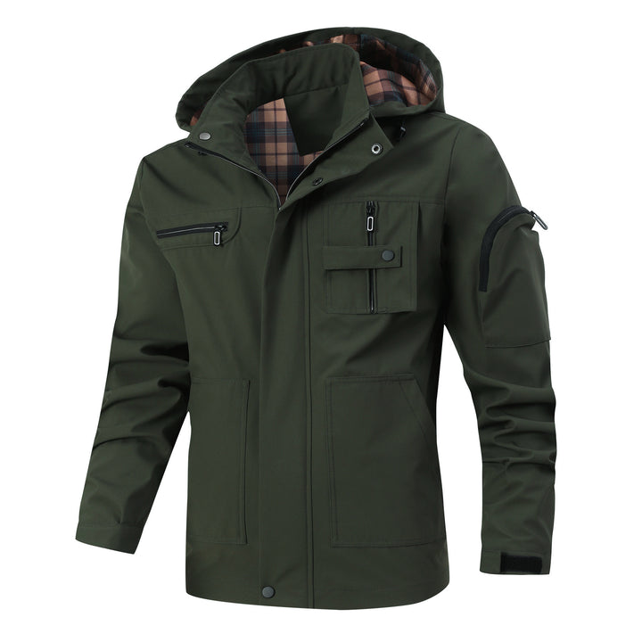 Herren Winddichte Softshelljacke mit Kapuze, kariertem Innenfutter und Multifunktionstaschen Drune