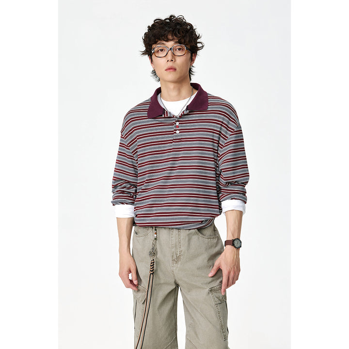 Unisex Klassisches gestreiftes Longsleeve-Poloshirt aus feinem Rippstrick mit Kentkragen und Halbknopfleiste Drune
