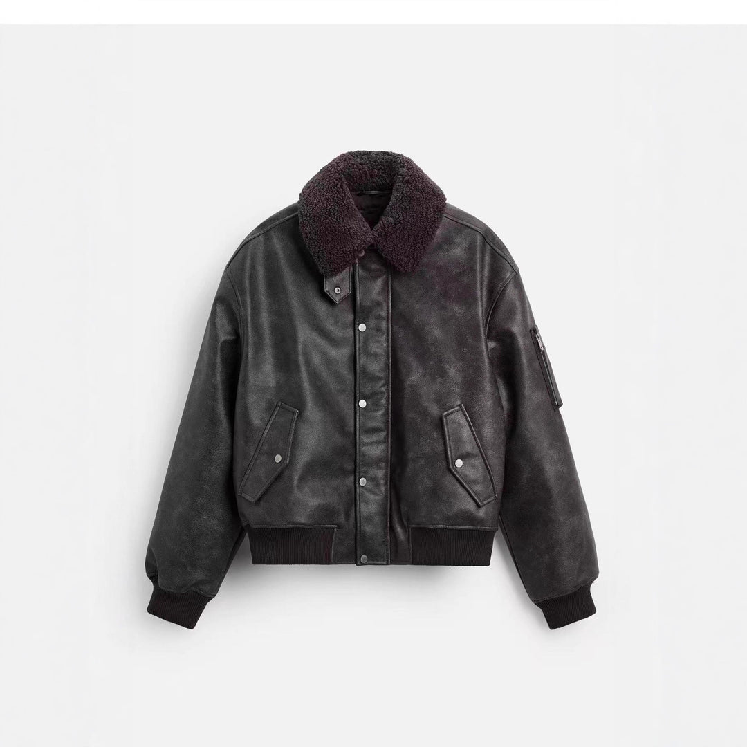 Herren Boxy-Lederblouson mit Sherpa-Kragen und Ärmeltasche Drune