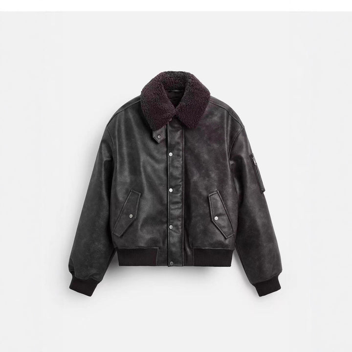 Herren Boxy-Lederblouson mit Sherpa-Kragen und Ärmeltasche Drune