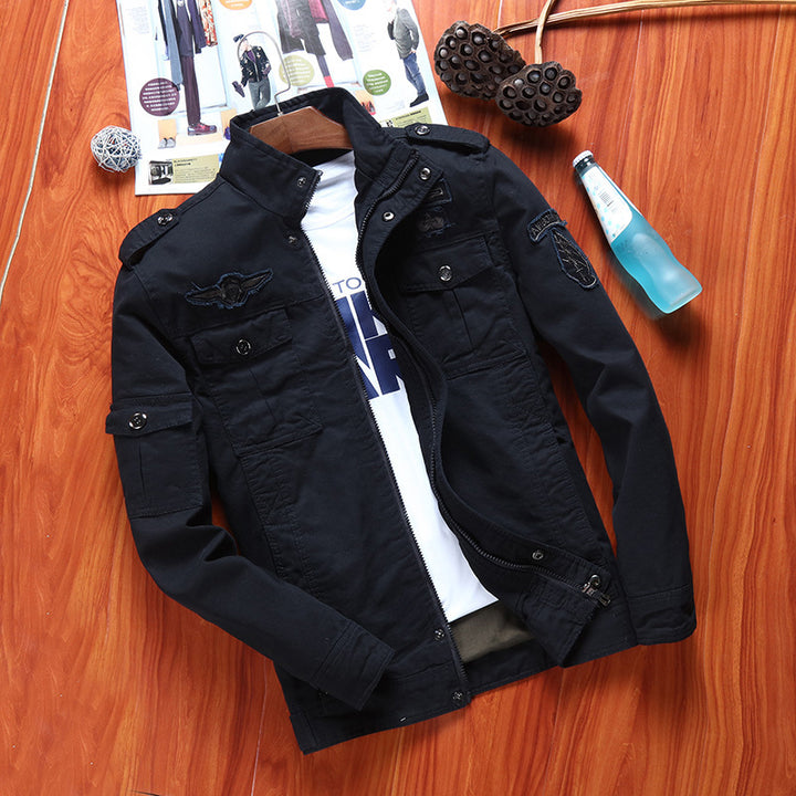 Herren Robust geschnittene Canvas-Combatjacke mit Patches, Stehkragen und Multifunktionspattentaschen Drune