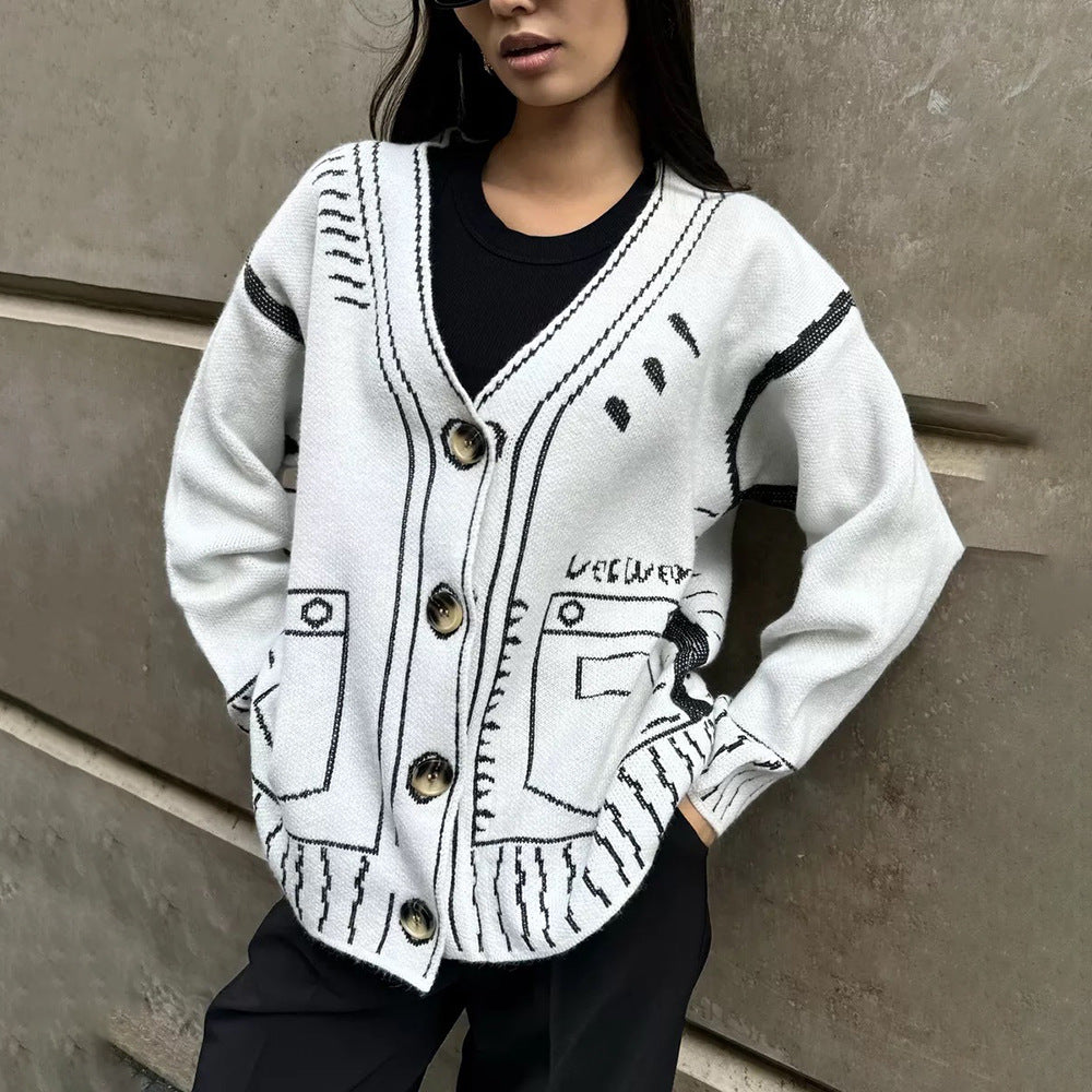 Damen lässige Strickjacke mit grafischem Muster Drune