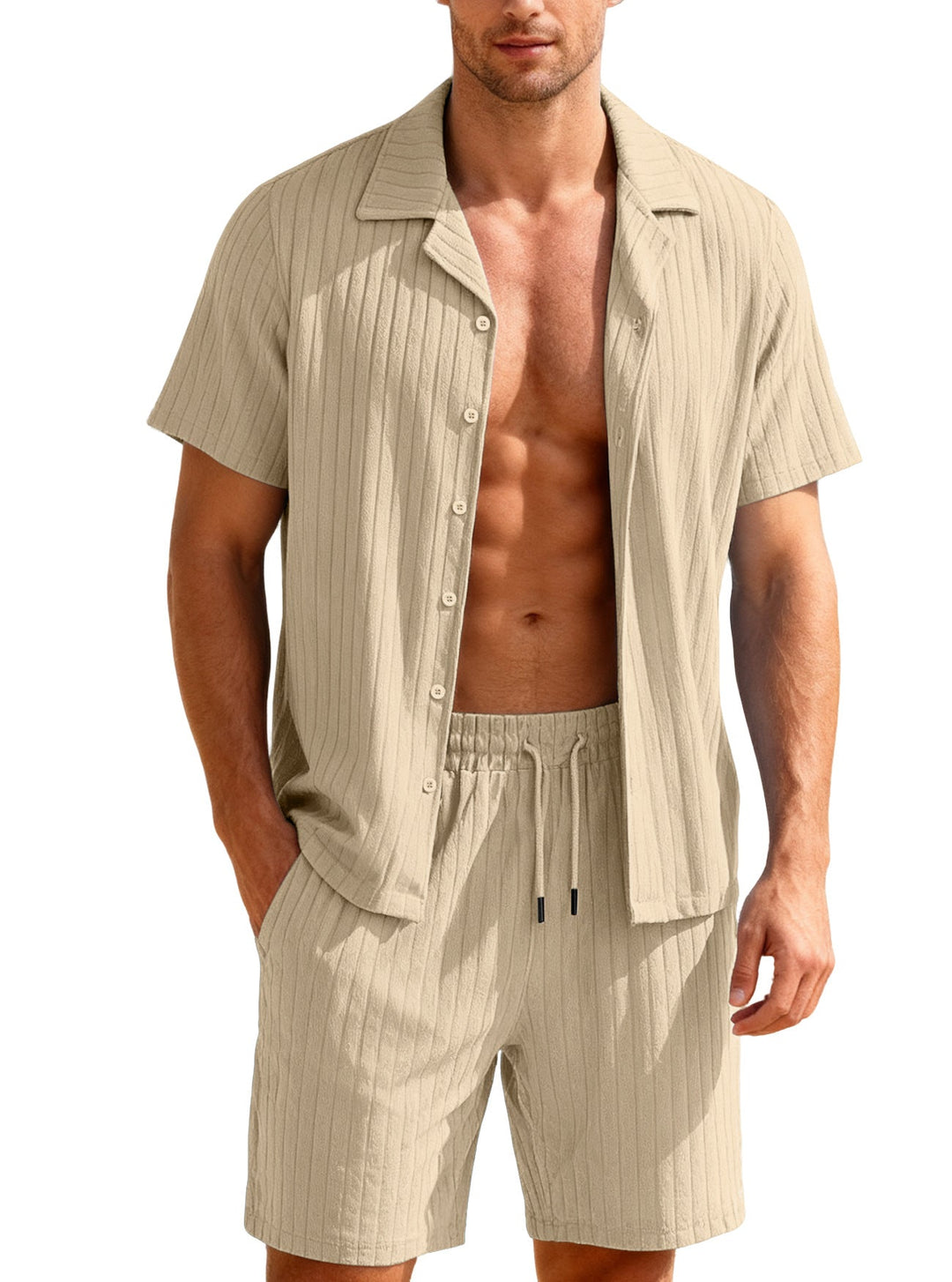 Herren nan geripptes Feinstrick-Lounge-Set mit kurzärmligem Revershemd und Kordelshorts Drune