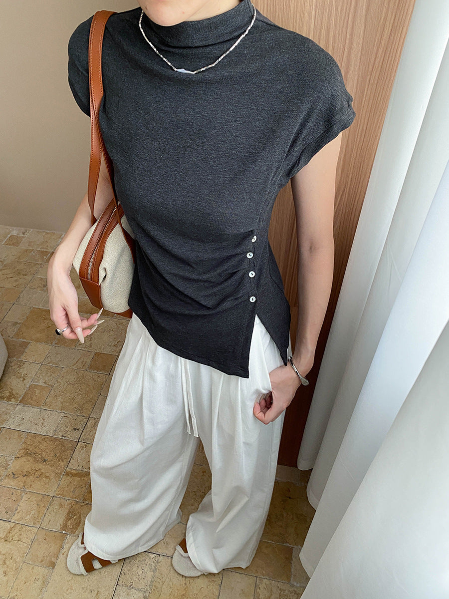 Damen elegantes Oberteil mit dekorativer Knopfleiste und schickem Gerafften Detail Drune