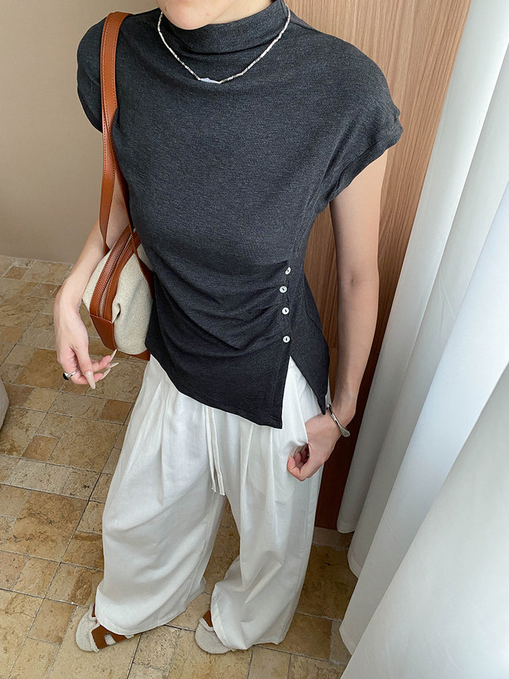 Damen elegantes Oberteil mit dekorativer Knopfleiste und schickem Gerafften Detail Drune