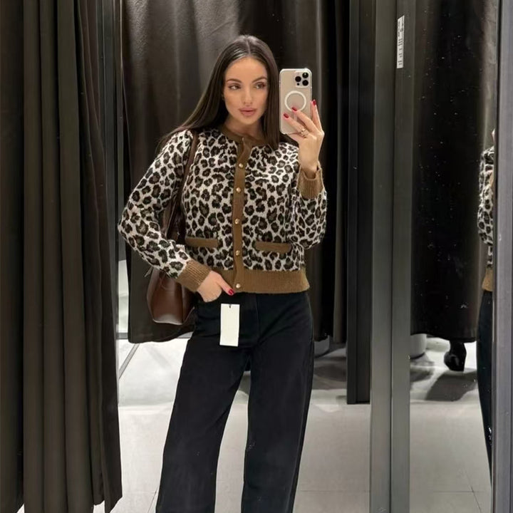 Damen kuscheliger Strickcardigan mit Animal-Print und praktischen Taschen Drune