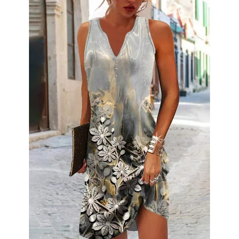 Damen elegantes Sommerkleid mit tiefem V-Ausschnitt und reizvollem Muster Drune