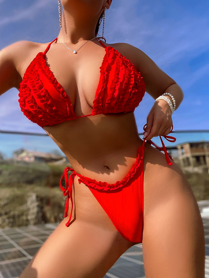 Damen Triangel-Bikini mit Rüschendesign und verstellbaren Bindebändern Drune