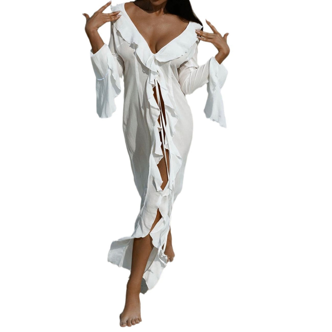 Damen Strandkleid mit raffinierten Rüschen und tiefem V-Ausschnitt Drune