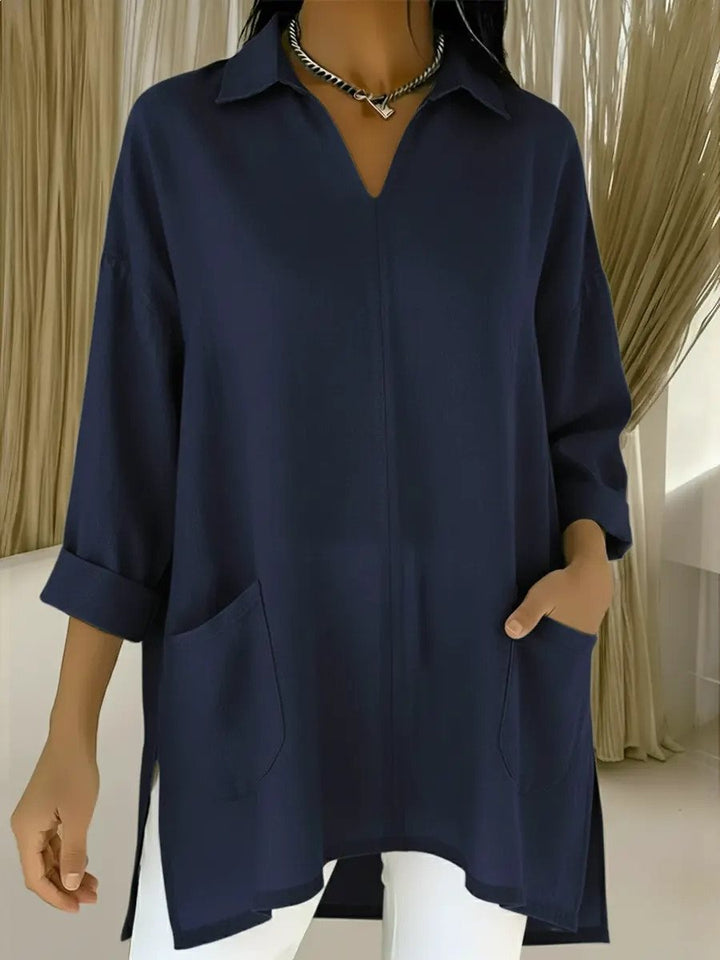 Damen Oversize-Tunika mit Hemdkragen, V-Ausschnitt und aufgesetzten Taschen Drune