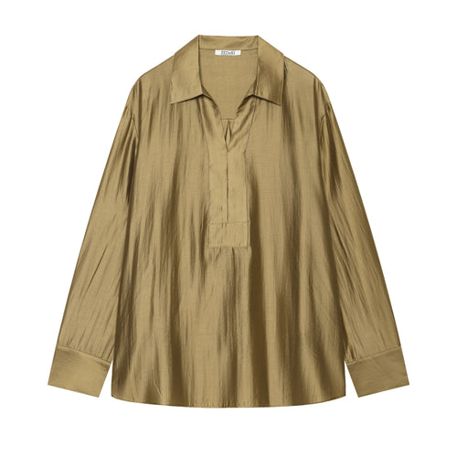 Damen Oversize‑Glanzbluse aus seidenartigem Stoff mit V‑Ausschnitt und verdeckter Knopfleiste Drune