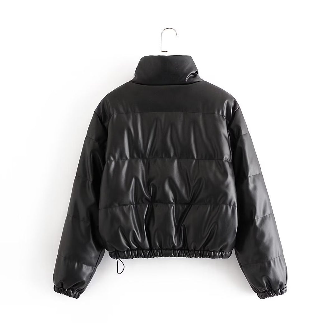 Damen nan kurzes gesteppte Kunstleder-Pufferjacke mit hohem Stehkragen, Druckknopfleiste und Kordelzugsaum Drune