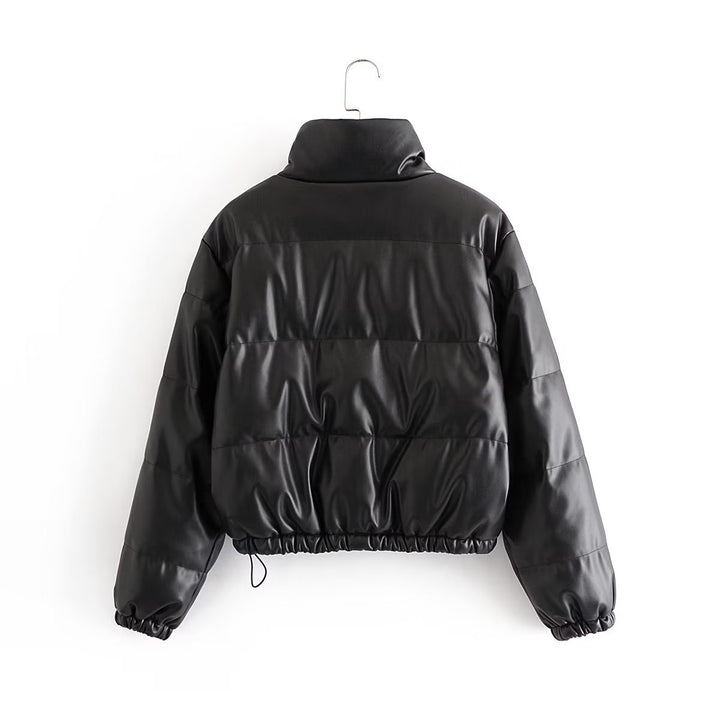 Damen nan kurzes gesteppte Kunstleder-Pufferjacke mit hohem Stehkragen, Druckknopfleiste und Kordelzugsaum Drune