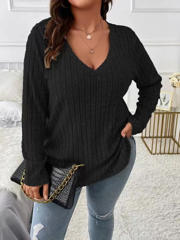 Damen Langarm V-Ausschnitt Shirt mit feiner Rippstruktur Drune