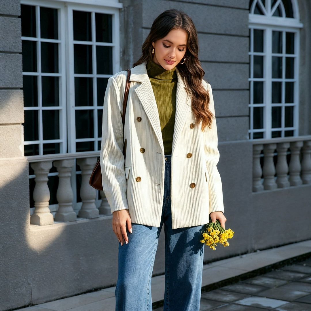 Damen Langer Cord-Blazer im Doppelreiher mit Reverskragen und Pattentaschen Drune