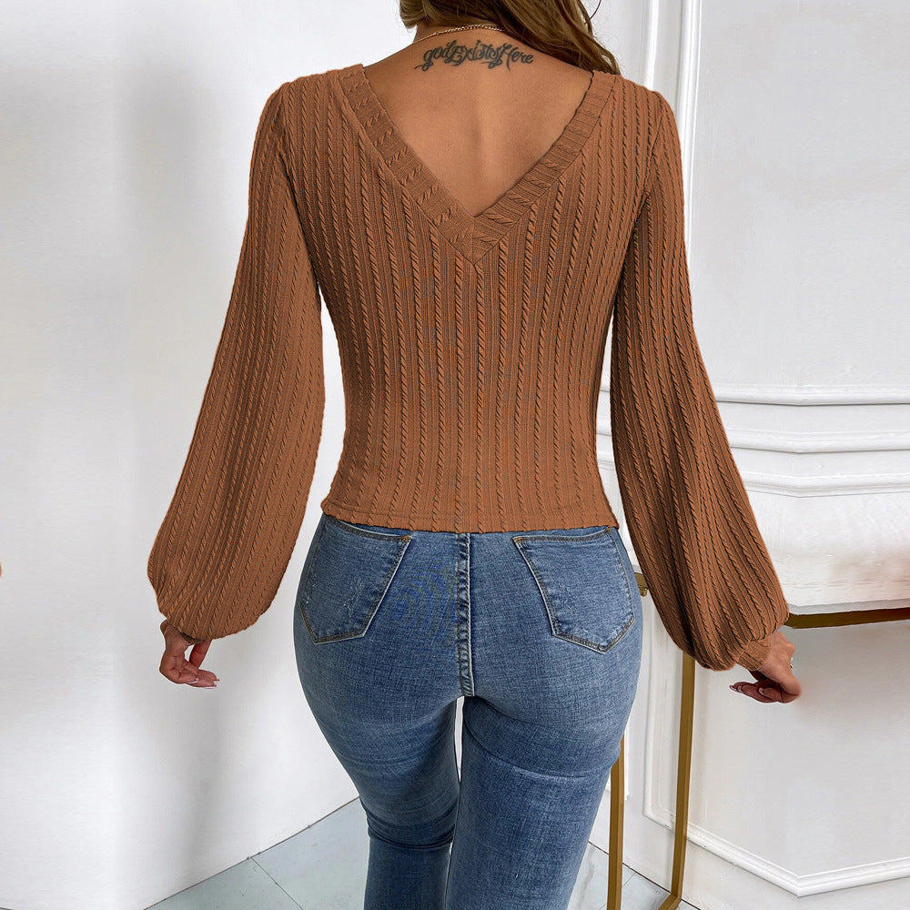Damen figurbetontes Rippstrick-Bodyshirt mit V-Ausschnitt und Ballonärmeln Drune