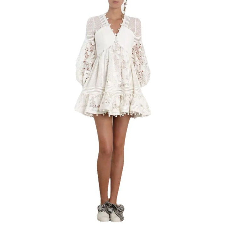 Damen Volantkleid mit Blumenspitze und Puffärmeln Drune