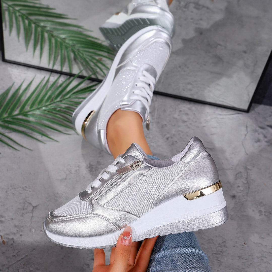 Damen  stylische Plateausneaker mit seitlichem Reißverschluss gepolstertem Komfortfußbett und dekorativen Metallic-Overlays Drune