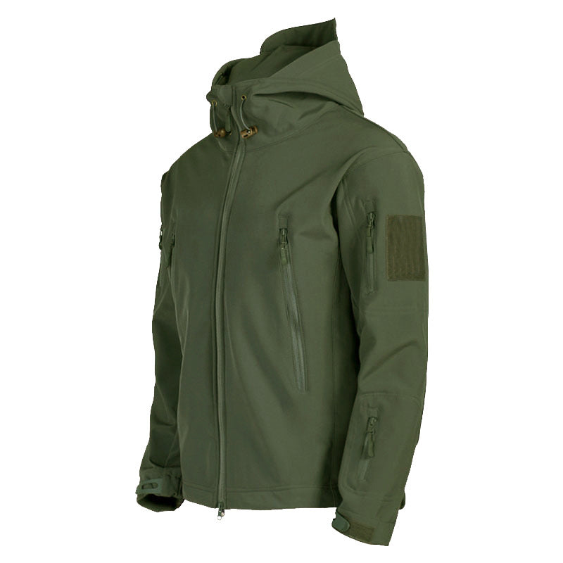 Herren taktische Softshelljacke mit Kapuze, Tarnmuster und ergonomischem Stretchschnitt Drune