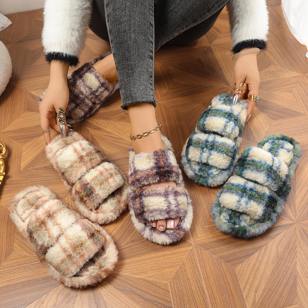 Damen bequeme Hausschuhe aus flauschigem Material mit doppeltem Riemen Drune