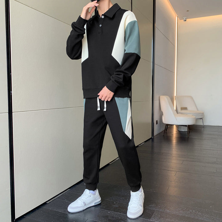 Herren Zweiteiliges Colorblock-Trainingsset mit Polokragen & konischer Jogginghose Drune