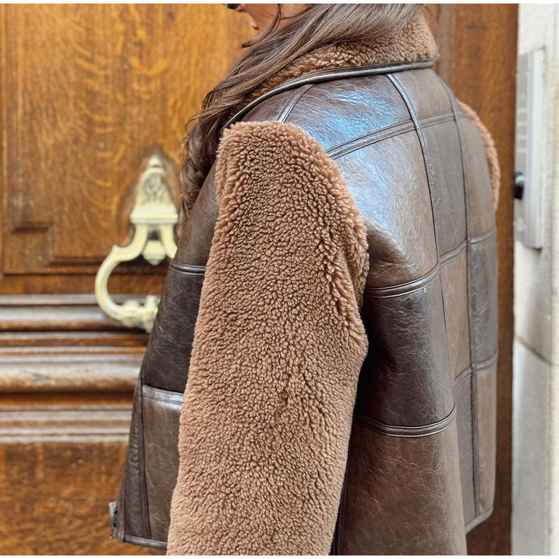 Damen Kunstfell-Lederjacke im eleganten Oversized-Stil Drune
