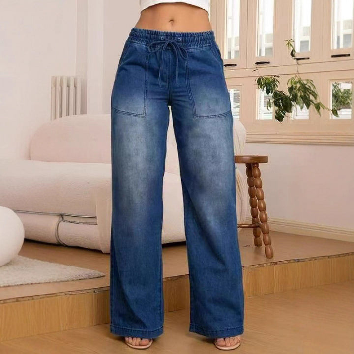 Damen weite Denim-Hose mit elastischem Bund und seitlichen Taschen Drune