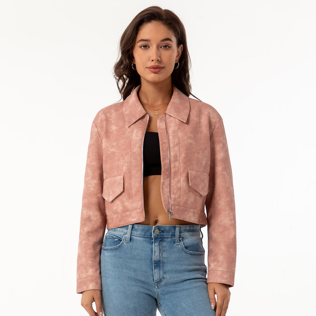 Damen modische cropped Kunstlederjacke mit klassischem Wellenkragen Drune