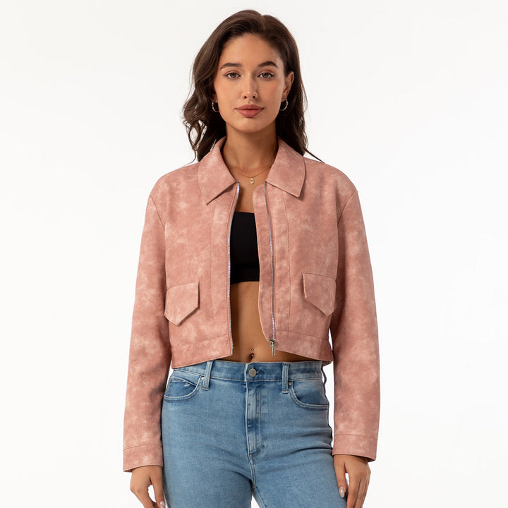 Damen modische cropped Kunstlederjacke mit klassischem Wellenkragen Drune